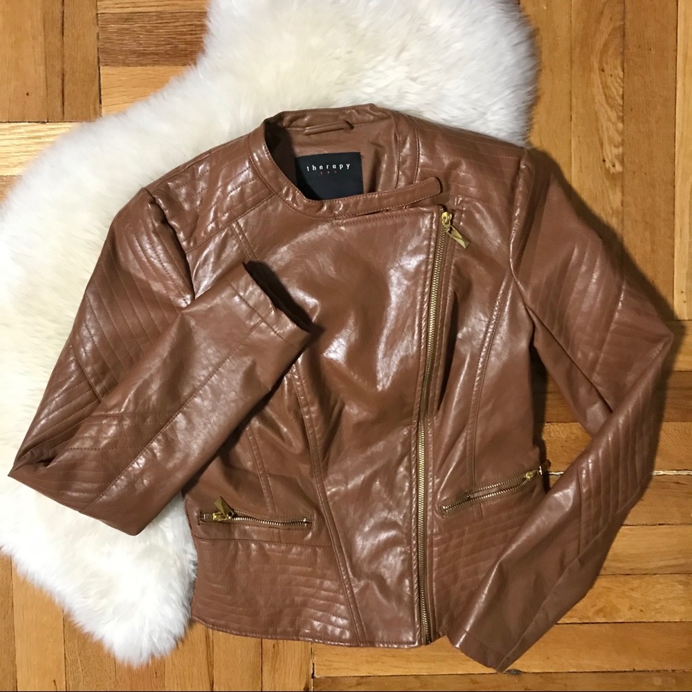 Faux Leather Jacket with Front-Zip and Pockets